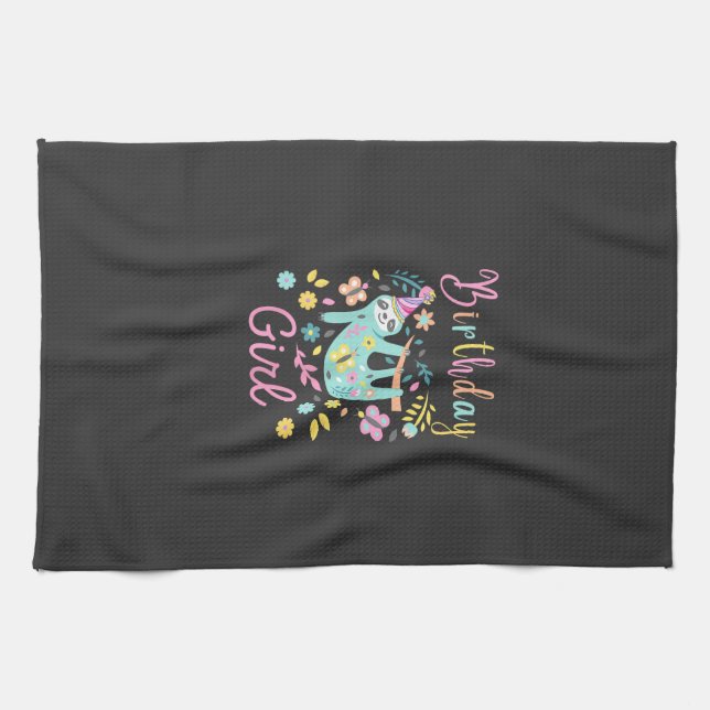 Cute Sloth Floral Girls Birthday Party T-Shirt Geschirrtuch (Horizontal)