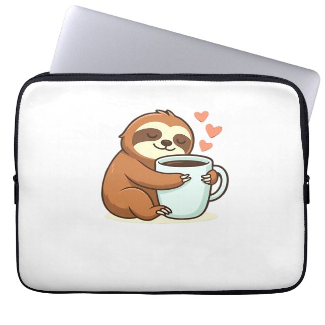Cute Sloth Hugging Big Coffee Cup Premium T-Shirt Laptopschutzhülle (Vorderseite)