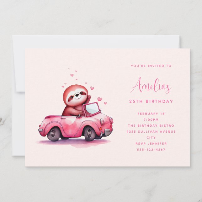 Cute Sloth in a Pink Convertible  Birthday Einladung (Vorderseite)