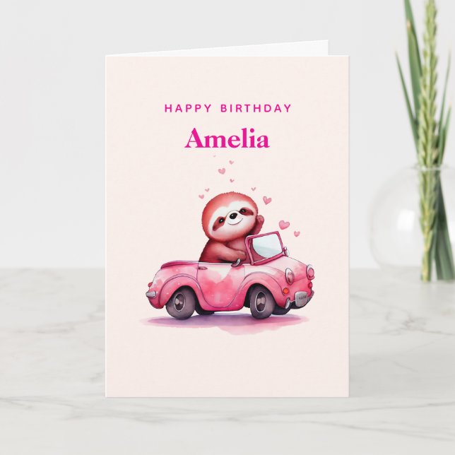 Cute Sloth in a Pink Convertible Birthday Karte (Vorderseite)