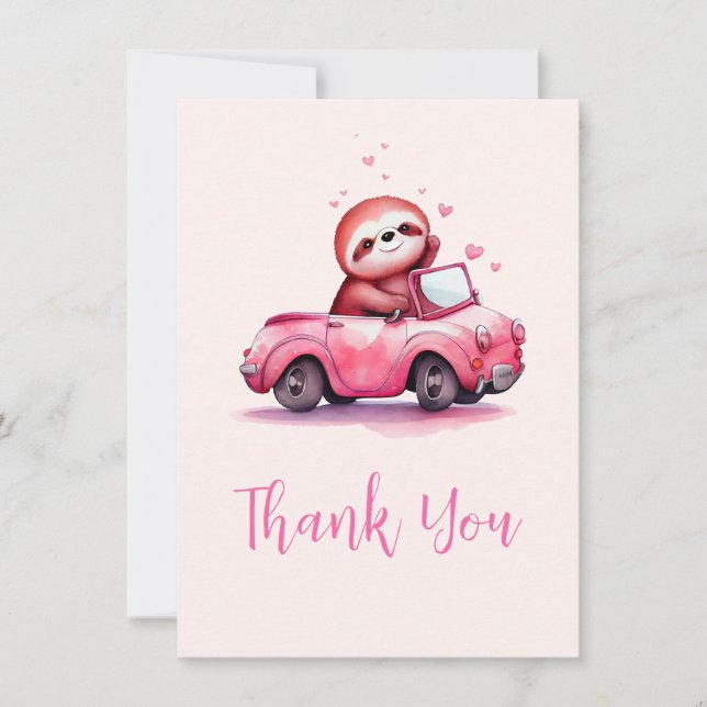 Cute Sloth in a Pink Convertible Dankeskarte (Vorderseite)