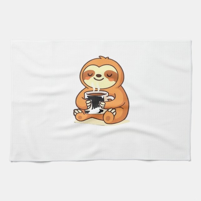 Cute Sloth Relaxing with Hot Coffee Premium T-Shir Geschirrtuch (Horizontal)