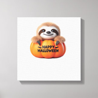 Cute Sloth sitting in a Pumpkin. Text Happy Hallow Leinwanddruck