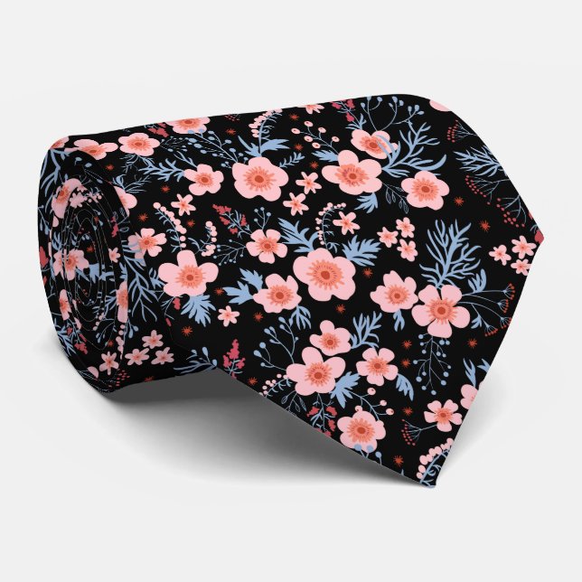 Cute small pink floral with black background krawatte (Gerollt)