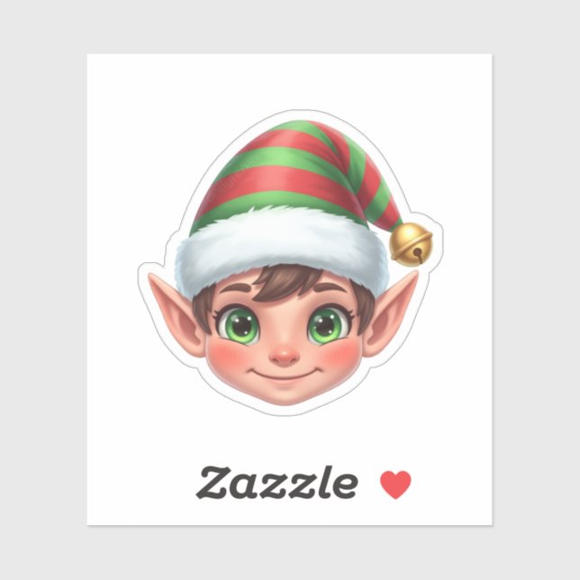 Cute Smiling Christmas Elf Face with Red Green Hat Aufkleber (Blatt)