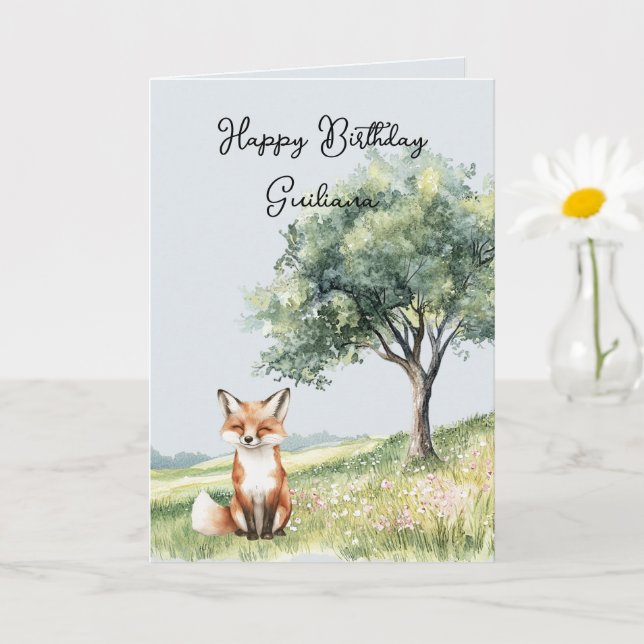 Cute Smiling Fox Field of Flowers Tree Birthday Karte (Kleine Pflanze)