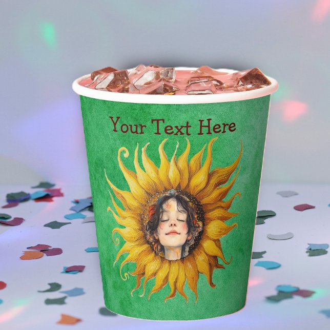 Cute Smiling Girl in Yellow Sunflower on Greens Pappbecher (Face of peaceful girl in big yellow sunflower on green paper party drinking cups.)