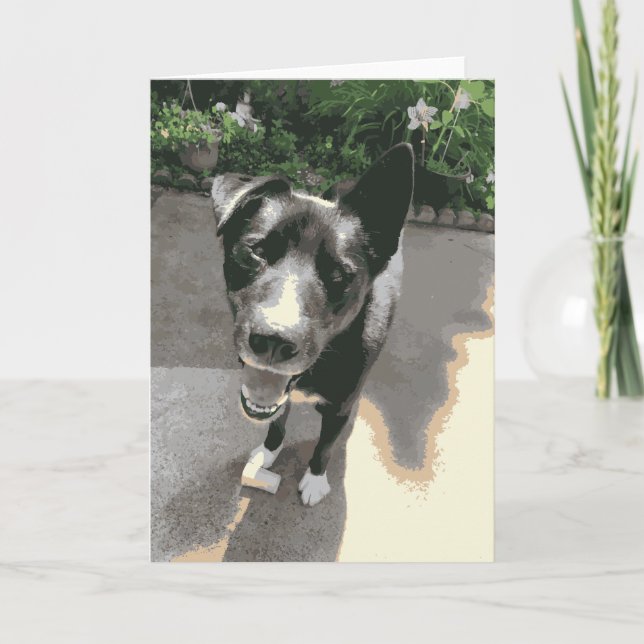 Cute Smiling Happy Dog With A Bone Black Karte (Vorderseite)