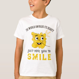 Cute Smiling Leaf "The World Unfolds Its Beauty" T-Shirt