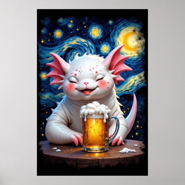 Cute smiling monster with a mug of beer and starry poster (Vorne)