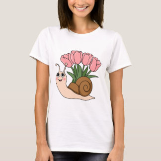 Cute Snail with Tulips Floral Spring Garden Design T-Shirt