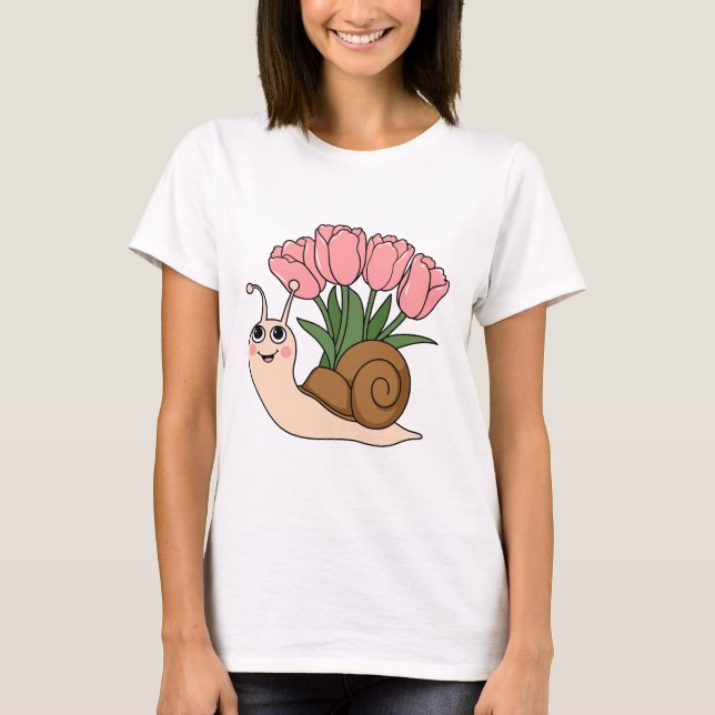 Cute Snail with Tulips Floral Spring Garden Design T-Shirt (Vorderseite)