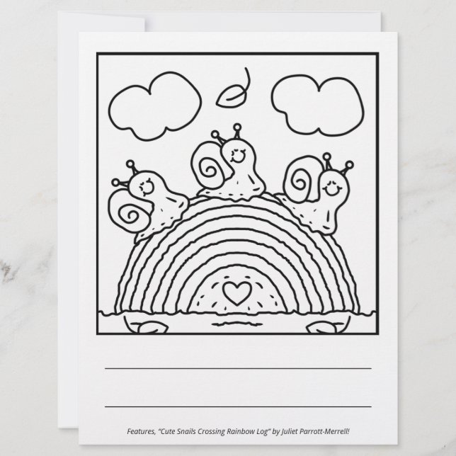 Cute Snails Crossing Rainbow Log Coloring Page (Vorderseite)
