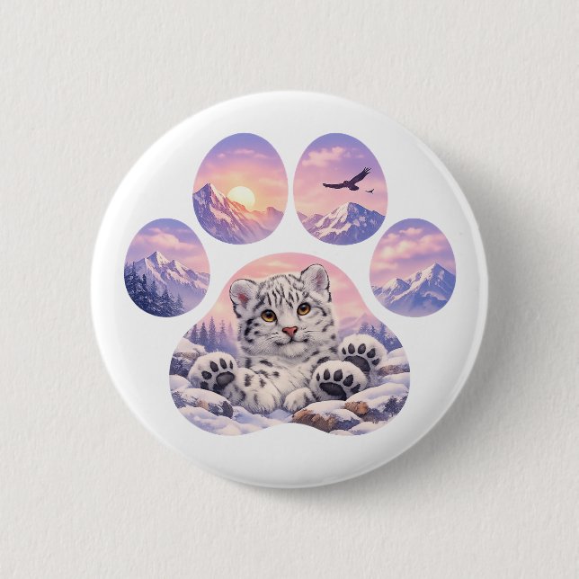 Cute Snow Leopard Paw Mountain Design Button (Vorderseite)