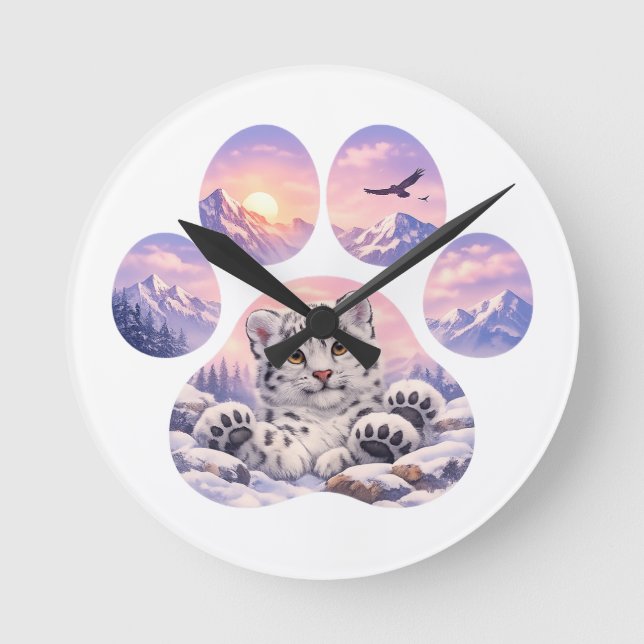 Cute Snow Leopard Paw Mountain Design Runde Wanduhr (Vorderseite)