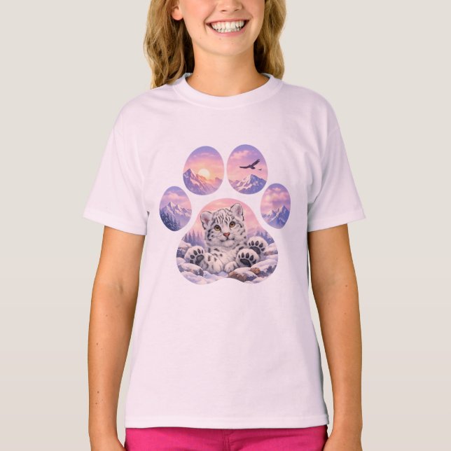 Cute Snow Leopard Paw Mountain Design T-Shirt (Vorderseite)