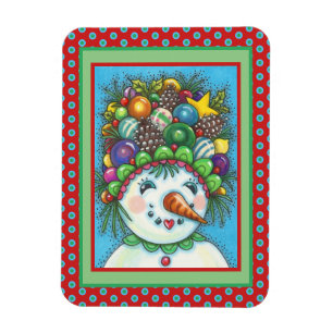 CUTE SNOWGIRL IN CHRISTMAS PARTY HAT, COLORFUL MAGNET