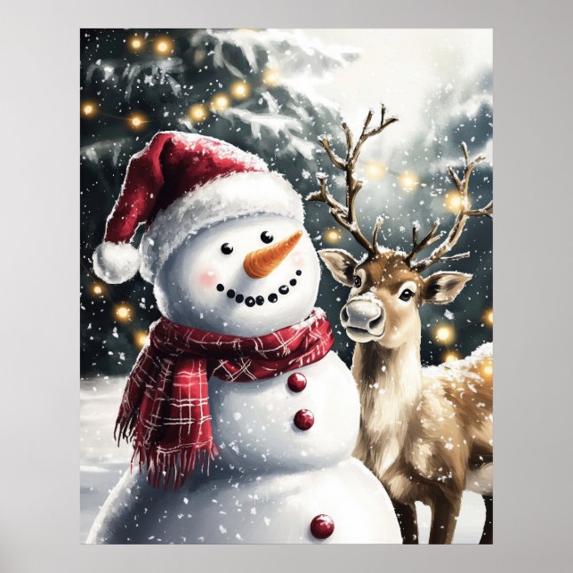 Cute Snowman and Reindeer Christmas Wall Art Poster (Vorne)