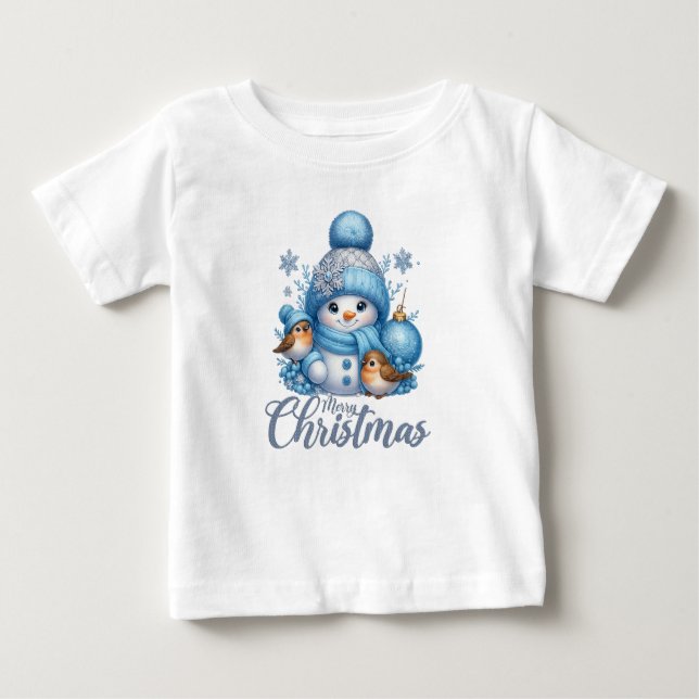 Cute Snowman and Winter Birds Christmas  Baby T-shirt (Vorderseite)