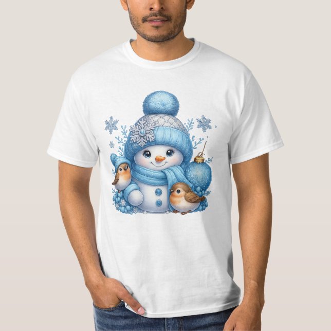 Cute Snowman and Winter Birds Christmas T-Shirt (Vorderseite)