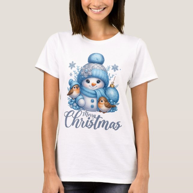 Cute Snowman and Winter Birds Christmas T-Shirt (Vorderseite)