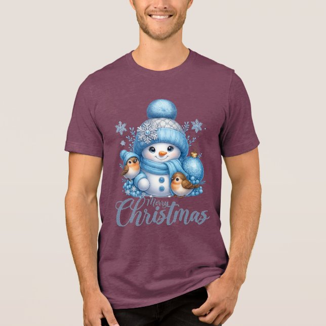 Cute Snowman and Winter Birds Christmas Tri-Blend Shirt (Vorderseite)