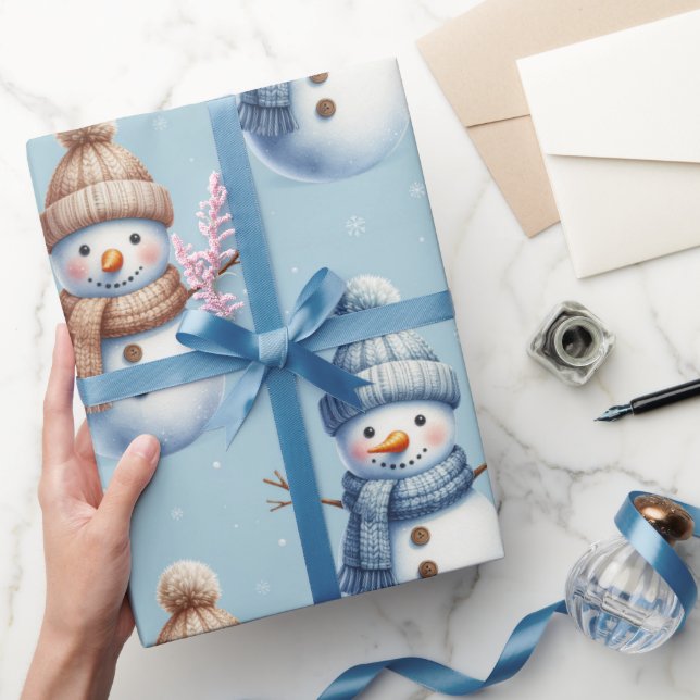 Cute Snowman Blue Snowy Background Christmas Geschenkpapier (Schenken)