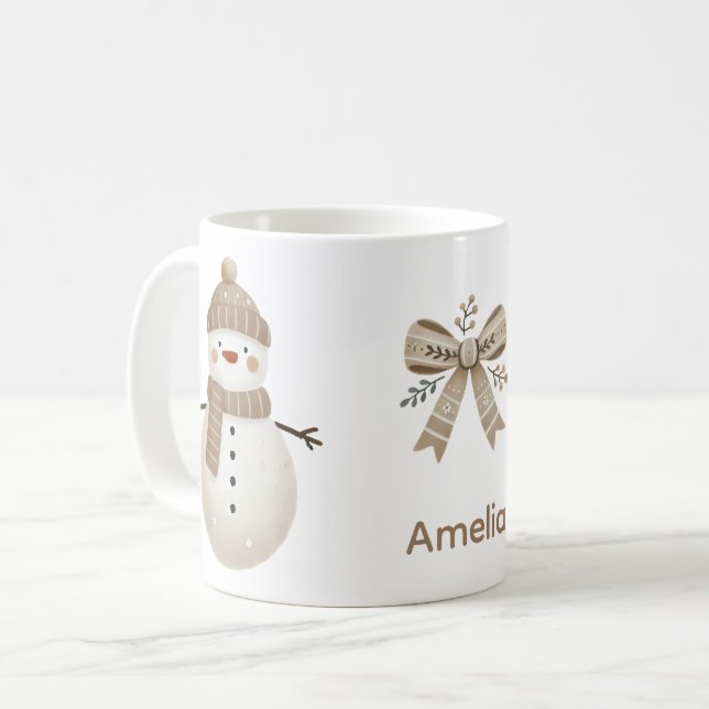 Cute Snowman Bow Drawing Name Christmas Kaffeetasse (Vorderseite Links)