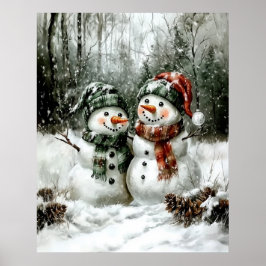Cute Snowman Couple Christmas Wall Art Poster