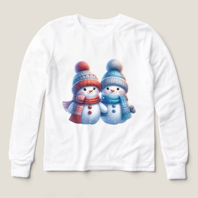 Cute Snowman Couple Winter Illustration T-Shirt (Design Vorderseite)