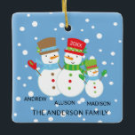 Cute Snowman Family of 3 Christmas Ornament<br><div class="desc">Unsere Familie von 3 Christmas,  Ornament Feature,  Snowman Paar Set,  Snow filled blue Background! Personalize with your information and date and you're all set to go! Wonderful dated keepsake gift for your first christmas and a great addition to you christmas ornament collection.</div>