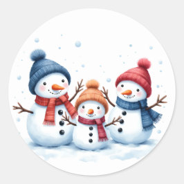 Cute Snowman Family Watercolor Illustration Round  Runder Aufkleber