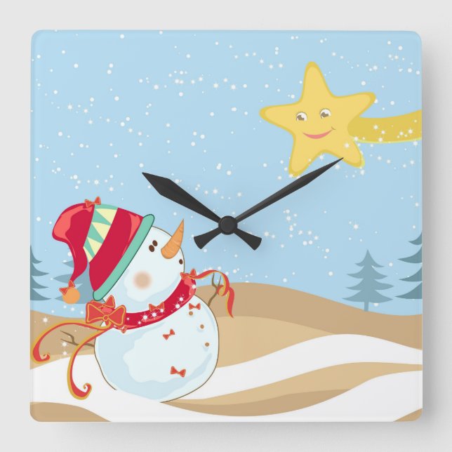 Cute Snowman Holiday Wall clock Quadratische Wanduhr (Vorderseite)
