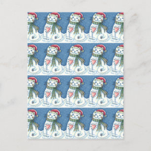 CUTE SNOWMAN KITTEN, SNOWFLAKES CAT AND MOUSE FEIERTAGSPOSTKARTE