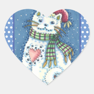 CUTE SNOWMAN KITTEN, SNOWFLAKES CAT AND MOUSE Herz-Aufkleber