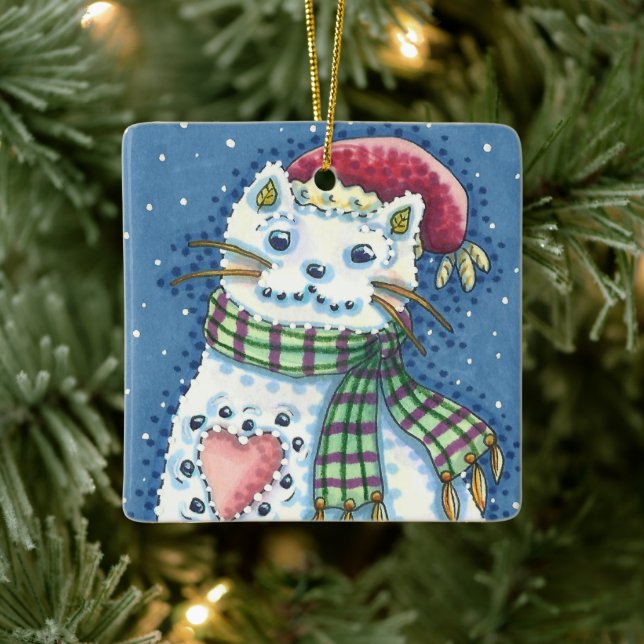 CUTE SNOWMAN KITTEN, SNOWFLAKES CAT AND MOUSE KERAMIKORNAMENT (Baum)