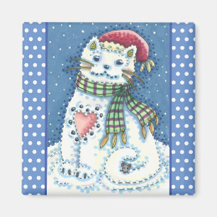 CUTE SNOWMAN KITTEN, SNOWFLAKES CAT AND MOUSE MAGNET