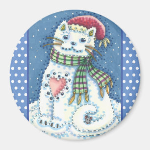 CUTE SNOWMAN KITTEN, SNOWFLAKES CAT AND MOUSE MAGNET