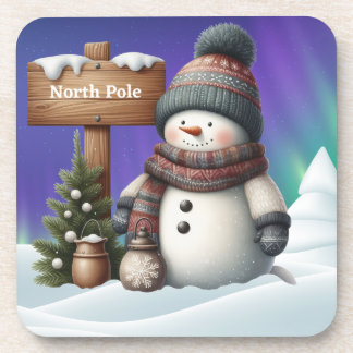 Cute snowman on North Pole with northern lights Getränkeuntersetzer
