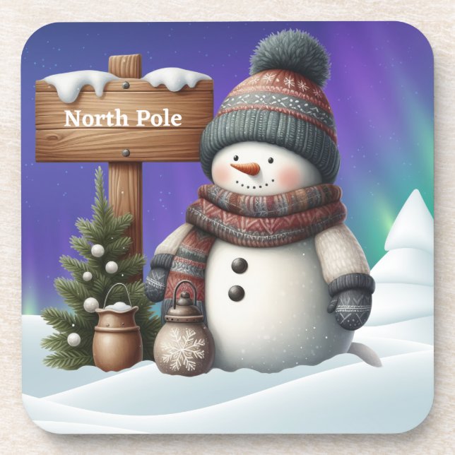 Cute snowman on North Pole with northern lights Getränkeuntersetzer (Vorderseite)