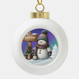 Cute snowman on North Pole with northern lights Keramik Kugel-Ornament