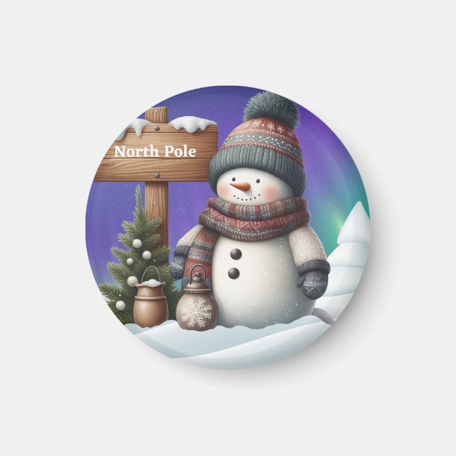 Cute snowman on North Pole with northern lights Magnet (Vorne)