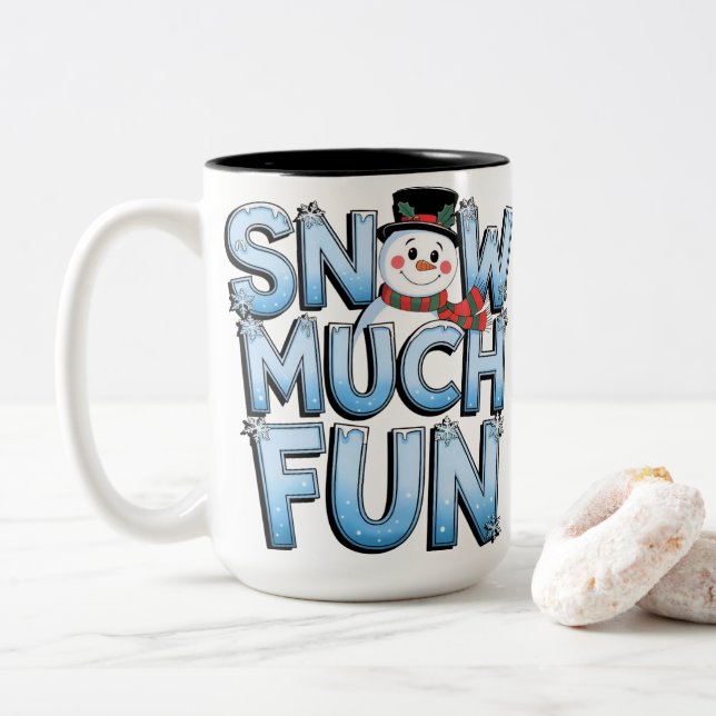 Cute Snowman Snow Much Fun Winter Christmas Zweifarbige Tasse (Mit Donut)