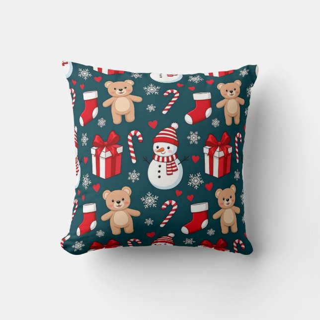 Cute Snowman & Teddy Christmas Throw Pillow Kissen (Vorderseite)