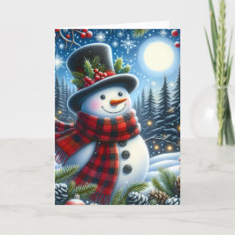 Cute Snowman wearing Plaid Scarf and Top Hat Feiertagskarte