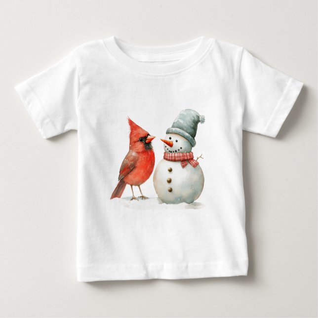 Cute Snowman with Bird Winter Christmas Scene Baby T-shirt (Vorderseite)
