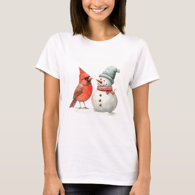 Cute Snowman with Bird Winter Christmas Scene T-Shirt (Vorderseite)