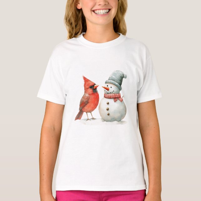 Cute Snowman with Bird Winter Christmas Scene T-Shirt (Vorderseite)