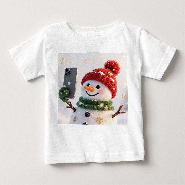 Cute Snowman with Phone Christmas Design Baby T-shirt (Vorderseite)