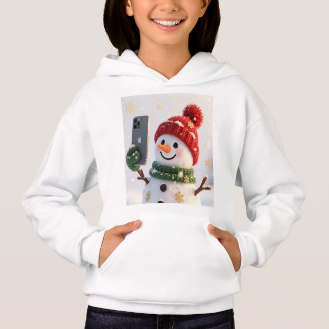 Cute Snowman With Phone Kids Hoodie (Vorderseite)